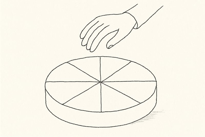 A sketched hand hovers above a simple wheel divided into soft wedges, conveying a fair, calm moment before choosing a team exercise together.